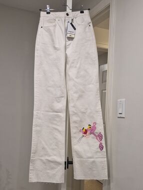 Desigual White Straight Leg Jeans with Pink Panther Graphic